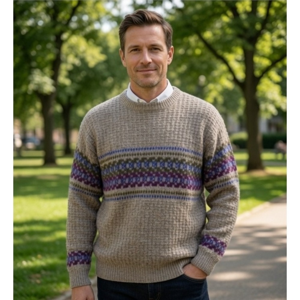 Terramar Wool Cozy Crewneck Patterned Pullover Sweater Men's L Made In The USA